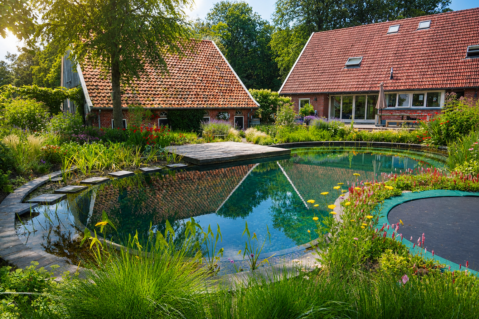 Waterrijke landelijke tuin met natuurzwembad